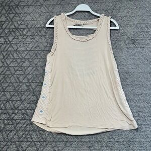 POL Boho Tank Top‎ Small Beige Sleeveless Embroidered Trim Cutout Back